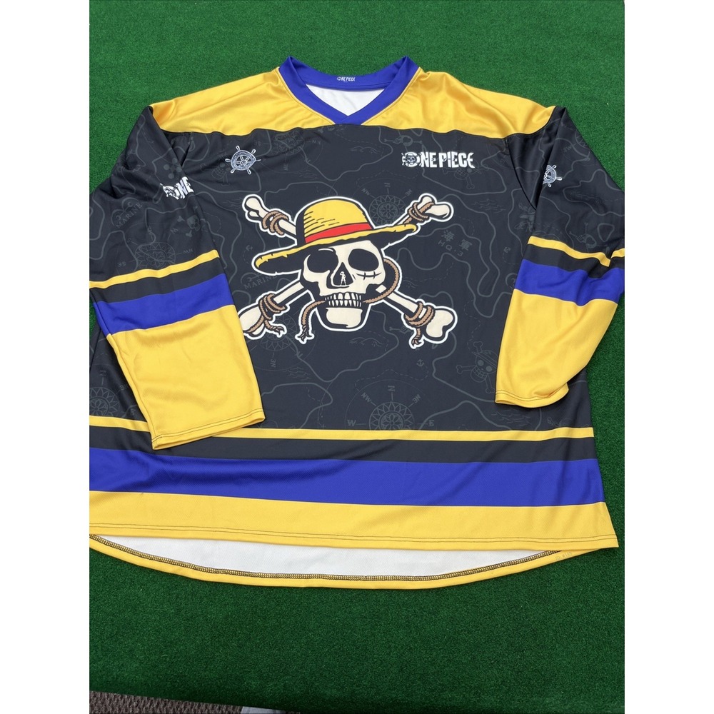 One Piece Straw Hat Pirates Hockey Jersey #1 Black Yellow Purple Mens XL